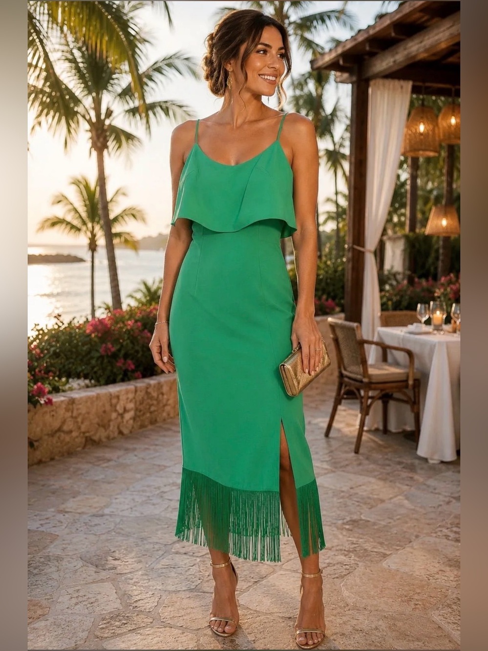 Adrianna Papell Summer Green Fringe Hem Midi Dress NWT Size 10